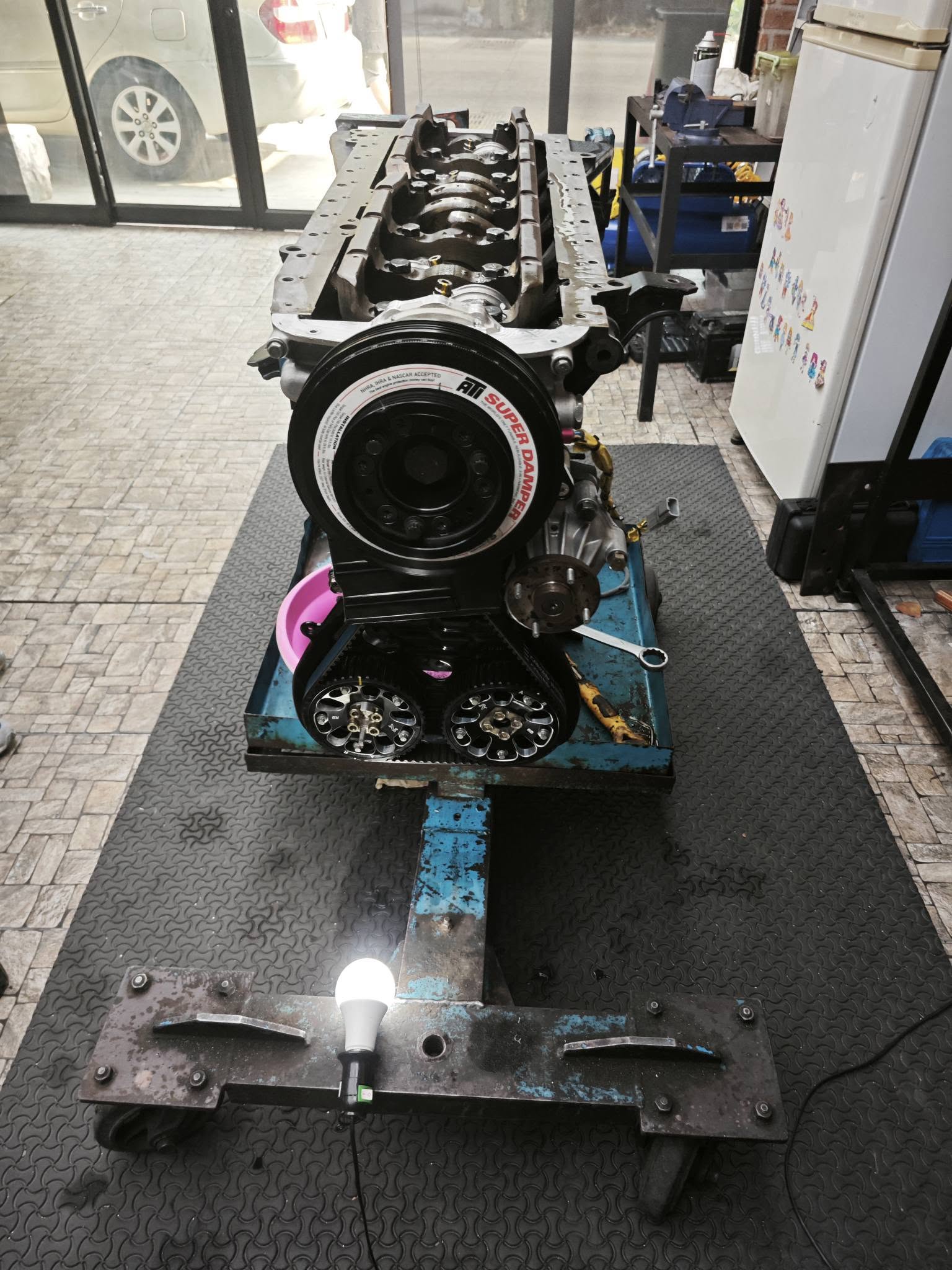 Long-block assembly on the stand