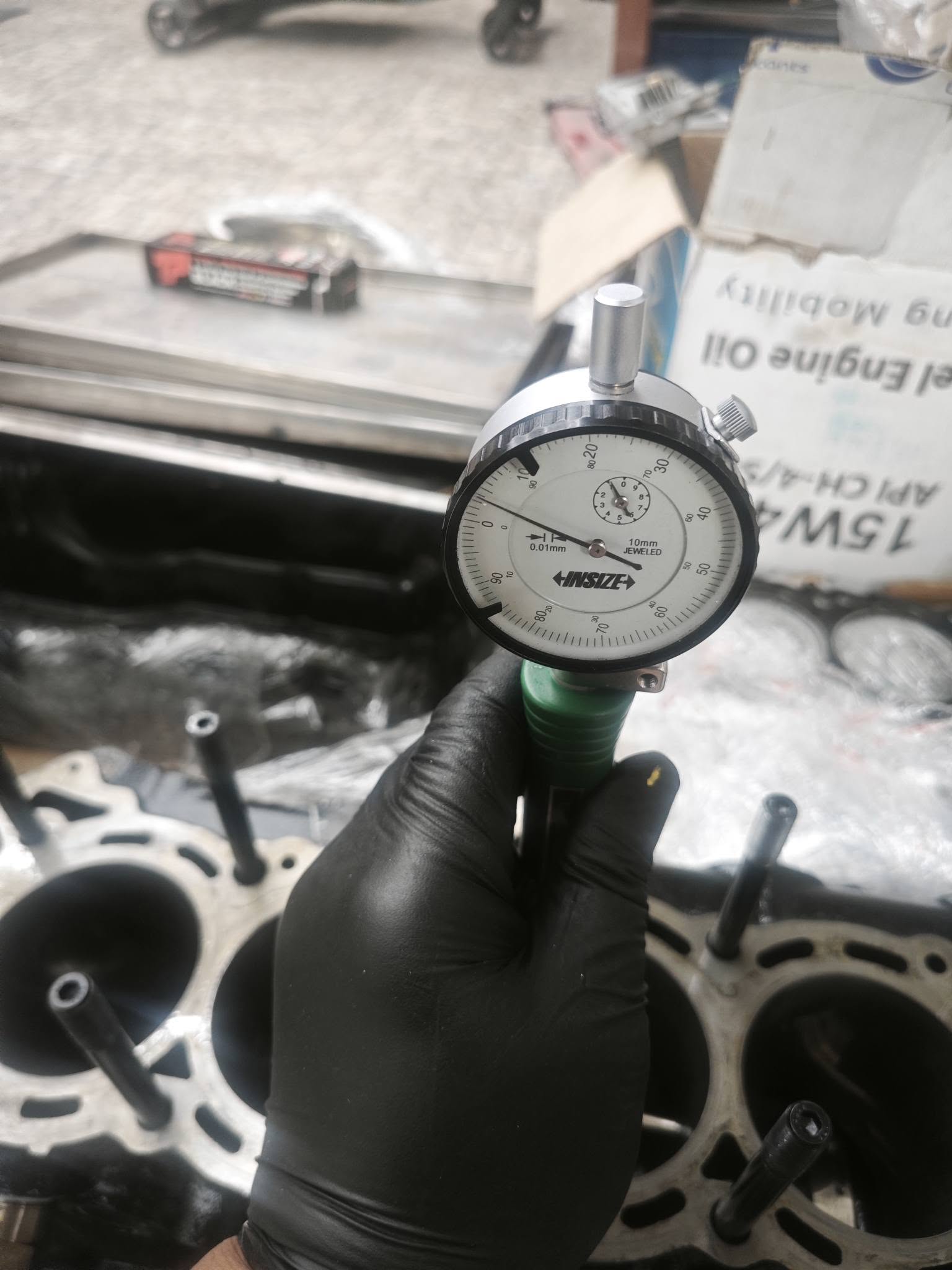 Cylinder bore checked with a dial bore gauge